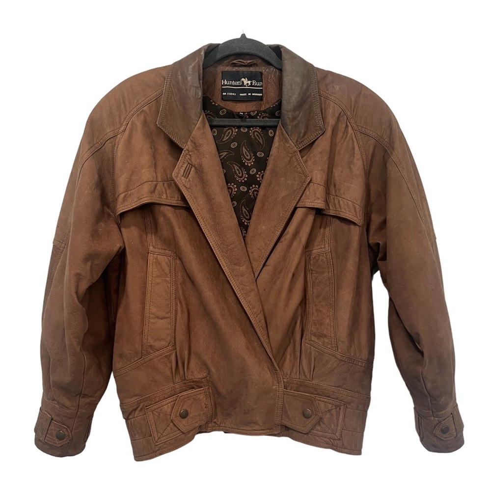 Vintage Hunters Run Leather Bomber Jacket Women Size M Brown Lined Coat